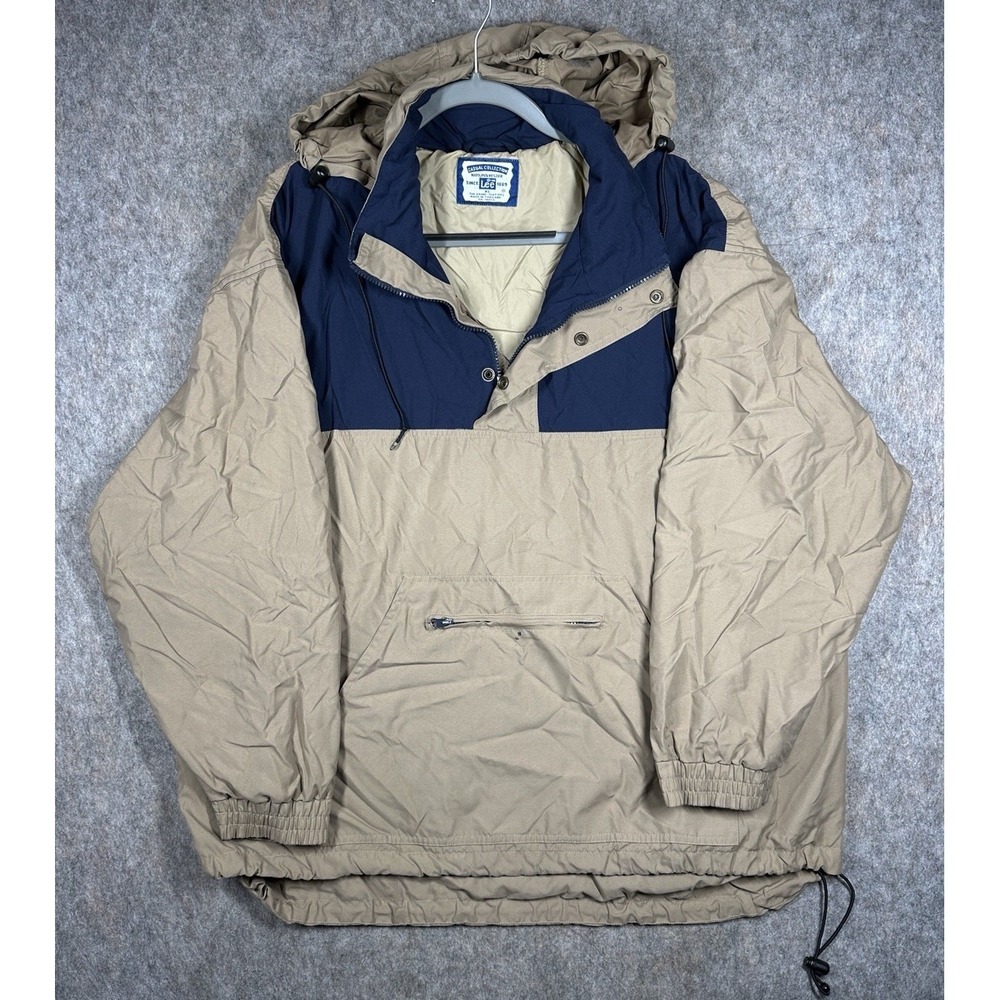 Vintage Lee Anorak Jacket Mens XL Tan Blue Hooded Pullover Windbreaker